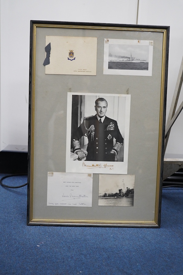 Lord Mountbatten interest; a signed portrait photograph, framed together with a Christmas card signed Louis Mountbatten with a personal note to the recipient; ‘Sorry you missed our last battle’, two naval photographs and